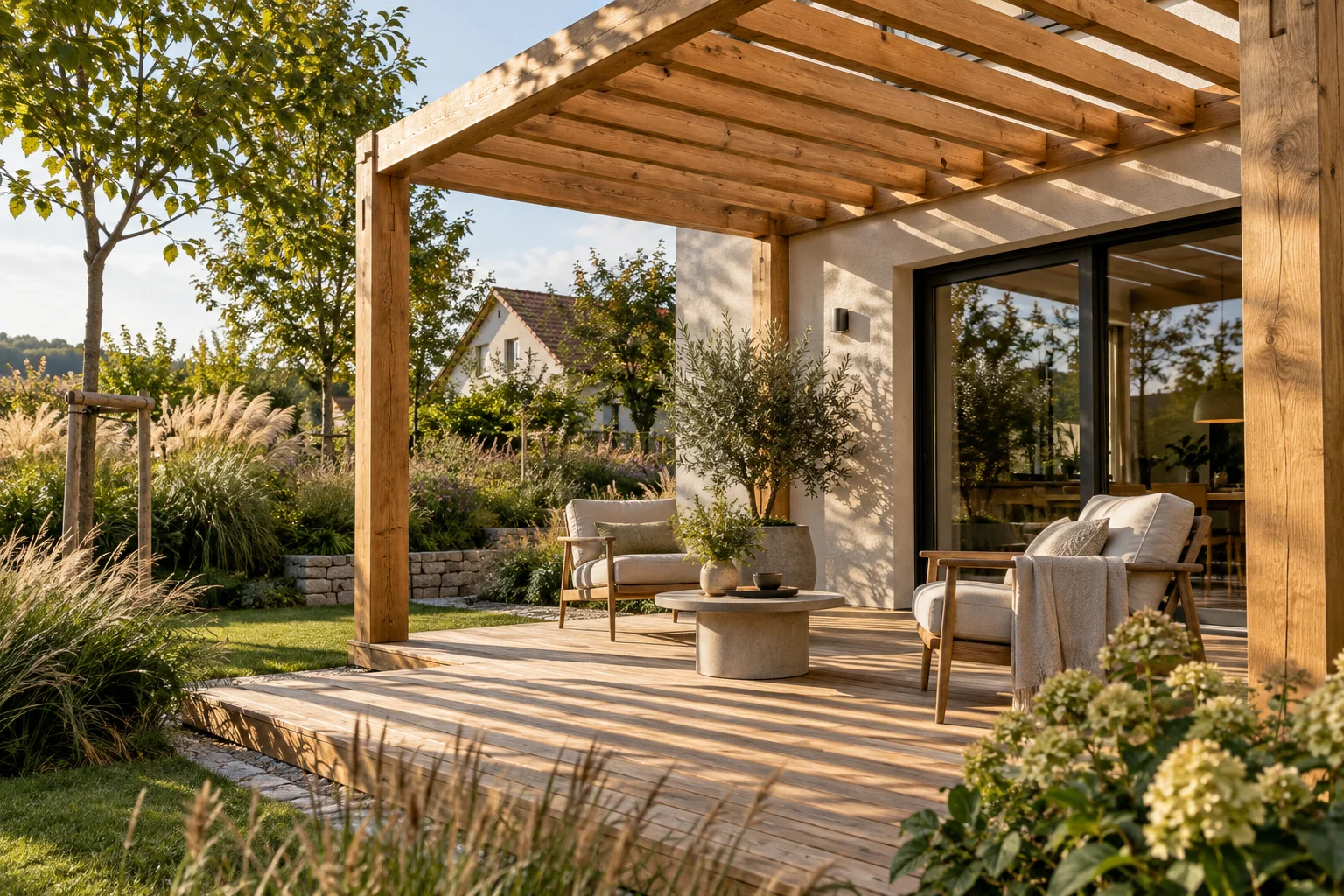 Dřevěná pergola nad terasou u moderního domu se zahradou