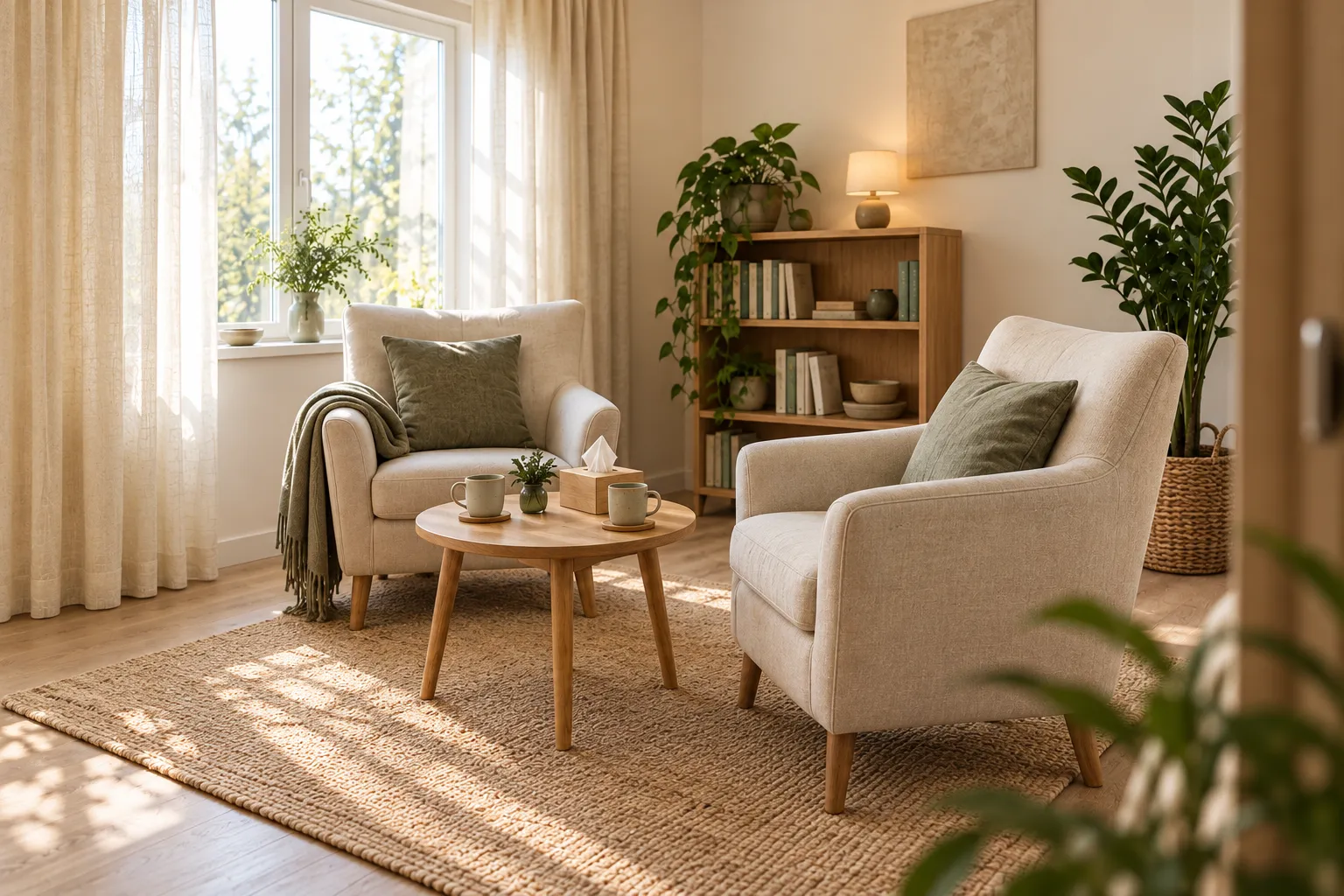 Pohled od dveří na dvě pohodlná křesla u stolku ve světlé modelové terapeutovně.